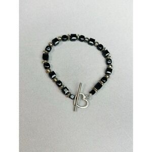 Sterling Silver Black Beaded Bracelet With Heart Clasp READ